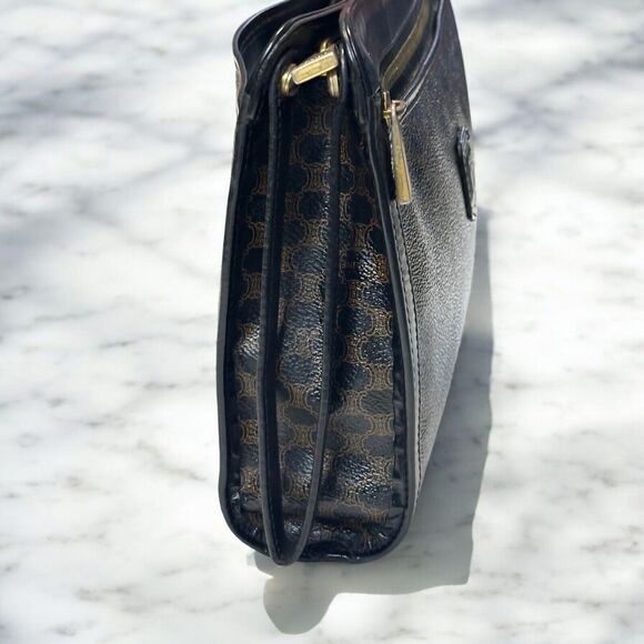 CELINE Macadam Clutch Handbag Black Brown Triomphe Leather Unisex Vintage 90s - Picture 5 of 16